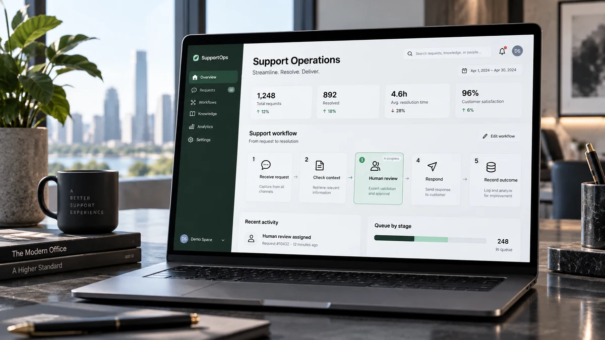 Project overview artwork showing an example support workflow on a laptop.