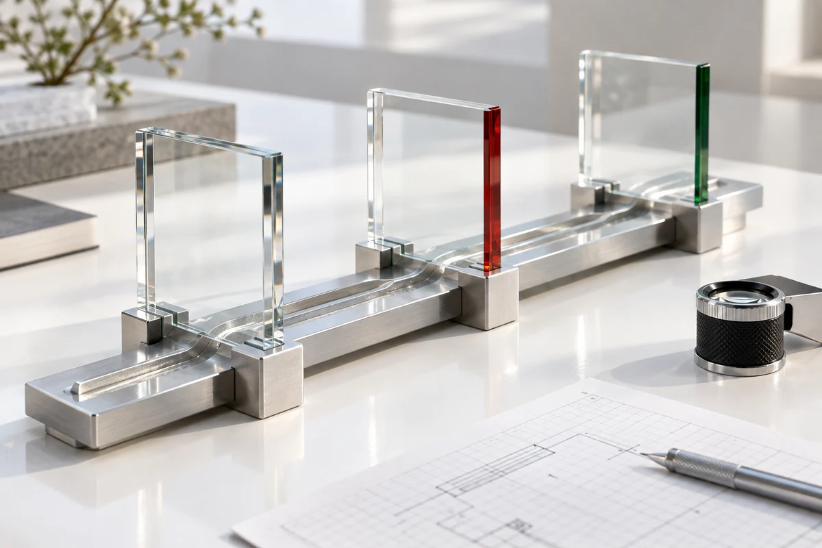 Editorial artwork of glass checkpoints in a precision metal track beside a review document.