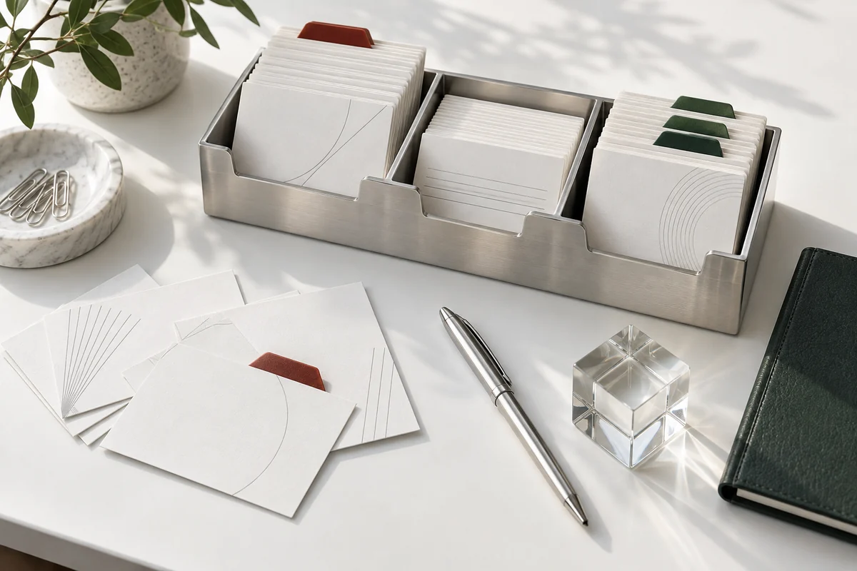 Editorial still life of an organized inquiry tray with red and green tabs, cards, and a pen.