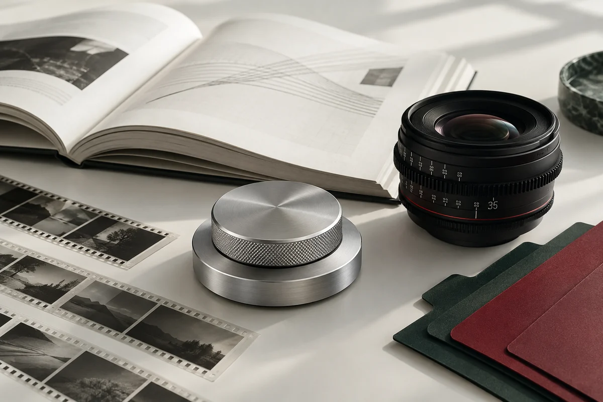 Editorial still life of a cinema lens, editing dial, reference book, and film strips.